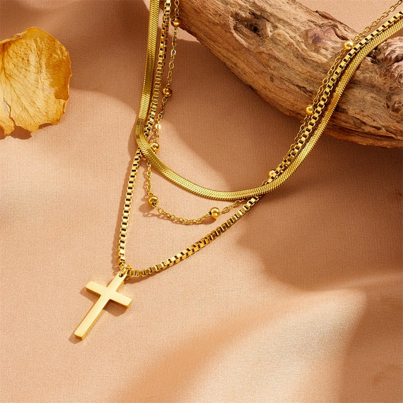 Necklace Titanium Steel Cross Geometric Electroplating Bamboo Chain Three Layer