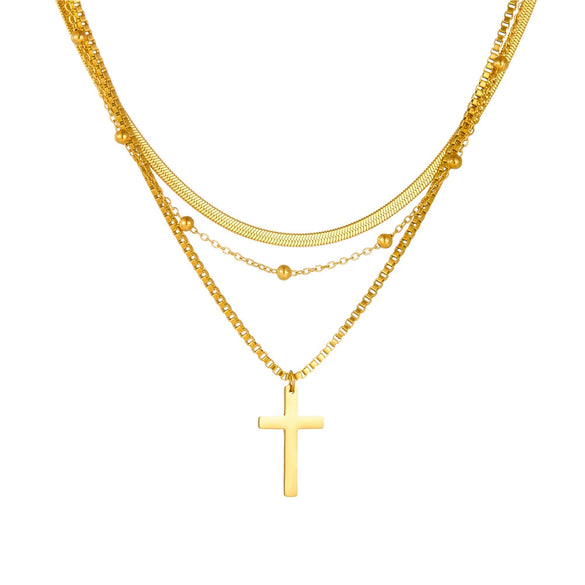 Necklace Titanium Steel Cross Geometric Electroplating Bamboo Chain Three Layer