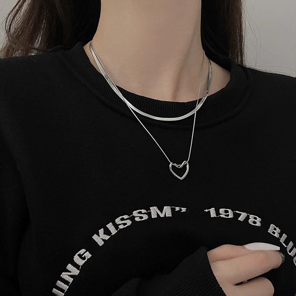Necklace Titanium Steel Double Layer Overlapped Hollow Heart Style Polished Snake Bone Chain Unisex