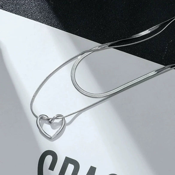 Necklace Titanium Steel Double Layer Overlapped Hollow Heart Style Polished Snake Bone Chain Unisex