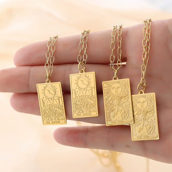 Necklace 316L Stainless Steel Embossed Sun Moon Pendant Bamboo Chain Electroplated Geometric Jewelry