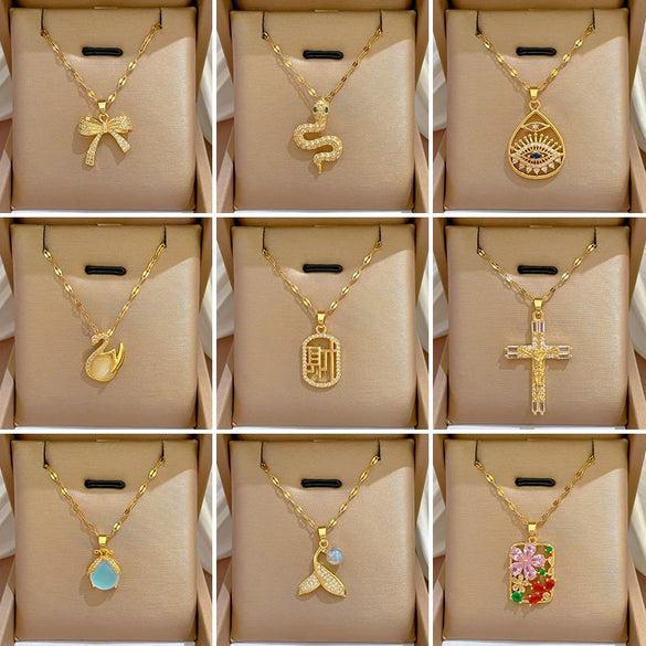Necklace Titanium Steel Exaggerated Microinlaid Real Gold Electroplated Cartoon Geometric Style Accessories