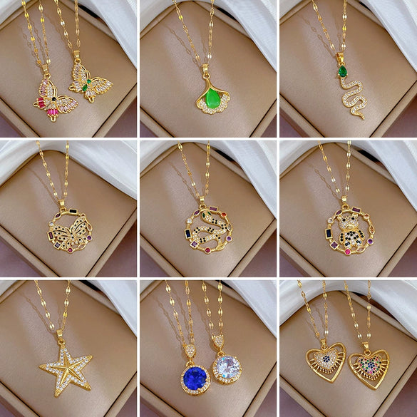 Necklace Titanium Steel Exaggerated Microinlaid Real Gold Electroplated Cartoon Geometric Style Accessories