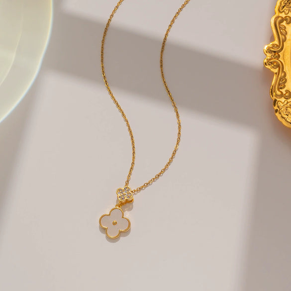 Necklace Titanium Steel Four Leaf Clover Geometric Natural Gold Inlaid Ball Chain