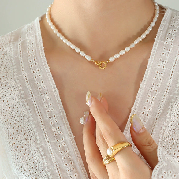 Necklace Titanium Steel Freshwater Pearl Chain Geometric Gold Plated