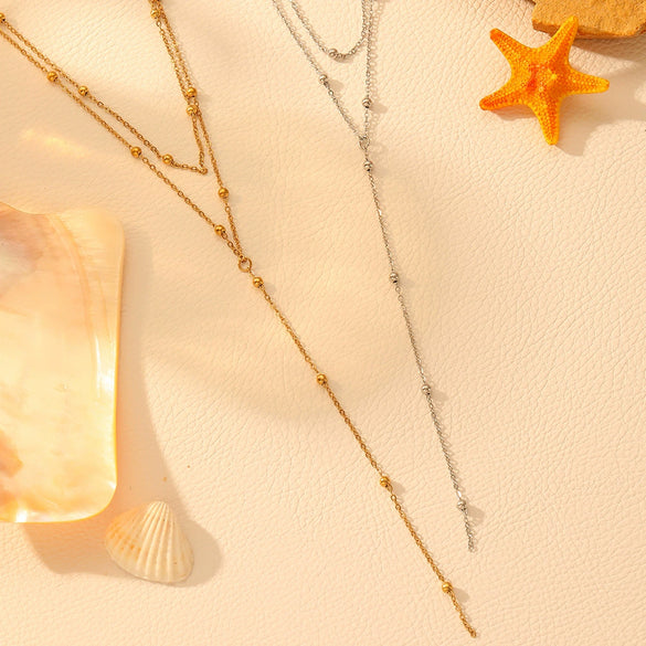 Necklace Titanium Steel Geometric Double Layer Chain Ball Laminated Tassel
