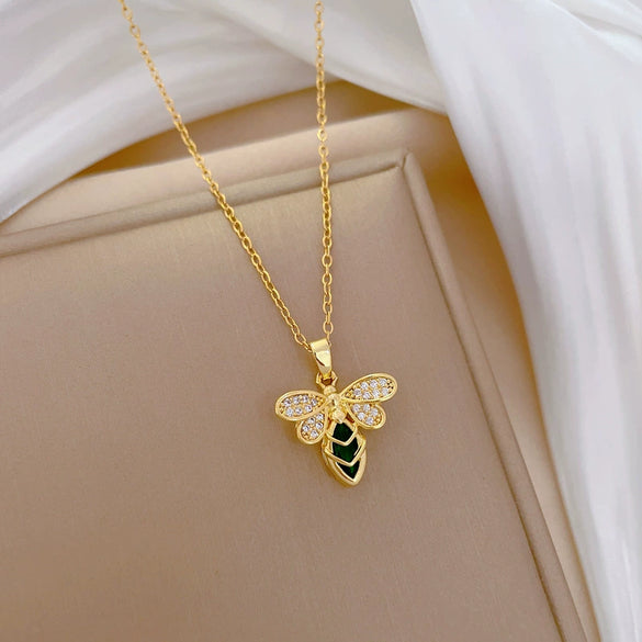 Necklace Titanium Steel Geometric Green Bee Full Diamond Women's Allmatch Clavicle Chain