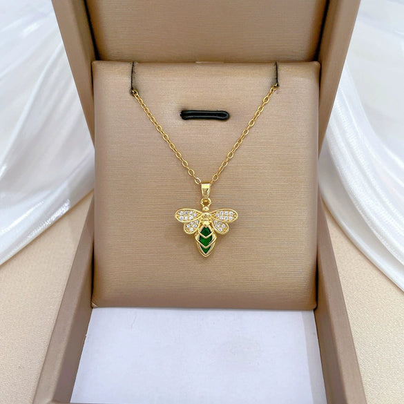 Necklace Titanium Steel Geometric Green Bee Full Diamond Women's Allmatch Clavicle Chain