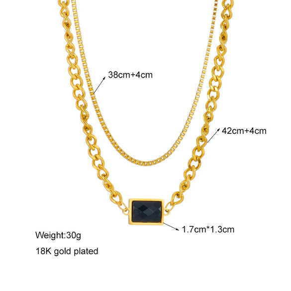 Necklace Titanium Steel Geometric Rectangular Double Layer Electroplating Black Diamond Retro Light Luxury Women's