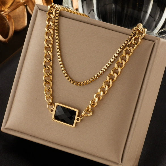 Necklace Titanium Steel Geometric Rectangular Double Layer Electroplating Black Diamond Retro Light Luxury Women's