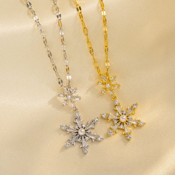 Necklace Titanium Steel Gold Inlaid Geometric Sixpointed Star Pearl Snowflake Design For Women