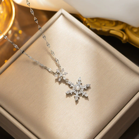 Necklace Titanium Steel Gold Inlaid Geometric Sixpointed Star Pearl Snowflake Design For Women