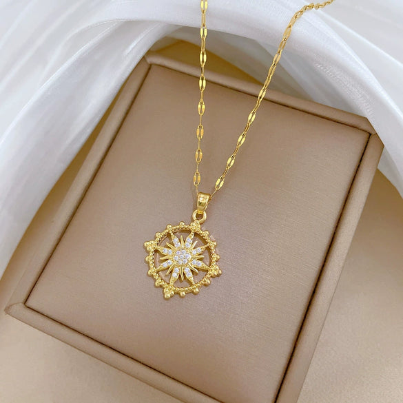 Necklace Titanium Steel Gold Plated Copper Full Diamond Micropaved Zircon Sun Eightpointed Star Geometric Cartoon Style