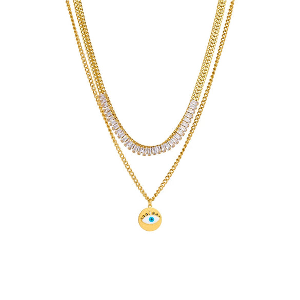 Necklace Titanium Steel Goldplated Doublelayer Stacked Chain Diamond Round Eye Pendant