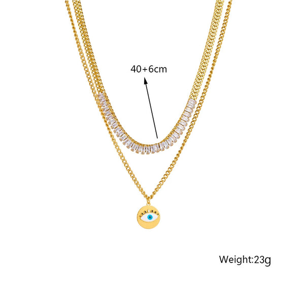 Necklace Titanium Steel Goldplated Doublelayer Stacked Chain Diamond Round Eye Pendant