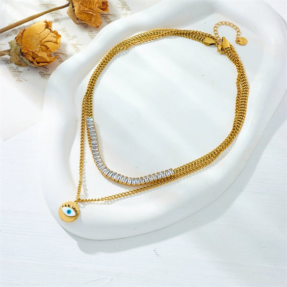 Necklace Titanium Steel Goldplated Doublelayer Stacked Chain Diamond Round Eye Pendant