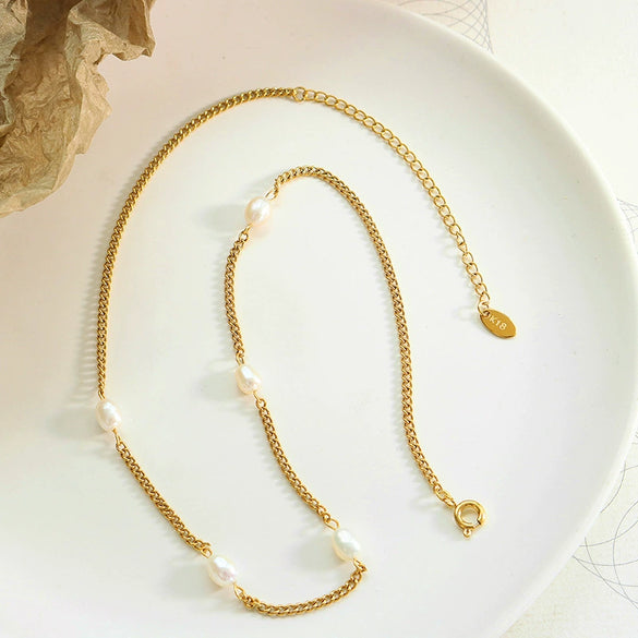 Necklace 316L Stainless Steel Goldplated Freshwater Pearl Geometric Personality Stitching Chain