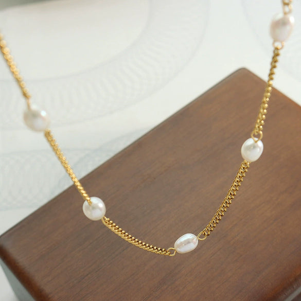 Necklace 316L Stainless Steel Goldplated Freshwater Pearl Geometric Personality Stitching Chain