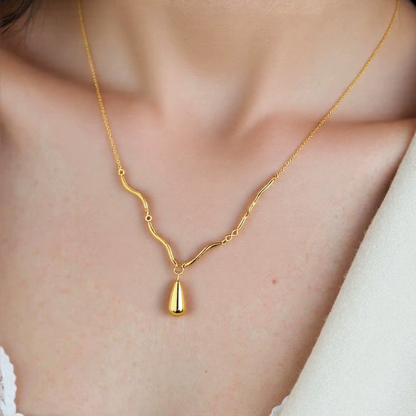 Necklace Titanium Steel Goldplated Irregular Curved Tube Wave Chain Water Drop Pendant Electroplating Women's
