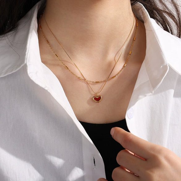 Necklace 316L Stainless Steel Heart Doublelayer Electroplated Red Acrylic Pendant For Women