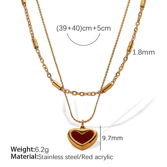 Necklace 316L Stainless Steel Heart Doublelayer Electroplated Red Acrylic Pendant For Women