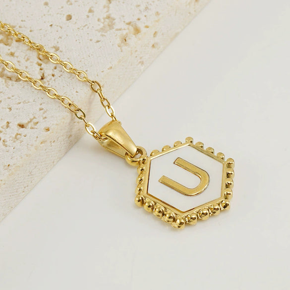 Necklace 316L Stainless Steel Hexagonal Natural Shell Letter Gold Inlaid Pendant For Women