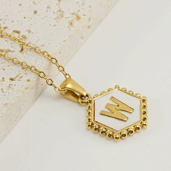 Necklace 316L Stainless Steel Hexagonal Natural Shell Letter Gold Inlaid Pendant For Women