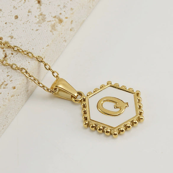 Necklace 316L Stainless Steel Hexagonal Natural Shell Letter Gold Inlaid Pendant For Women
