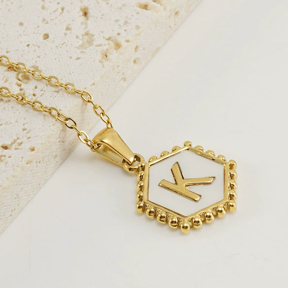 Necklace 316L Stainless Steel Hexagonal Natural Shell Letter Gold Inlaid Pendant For Women