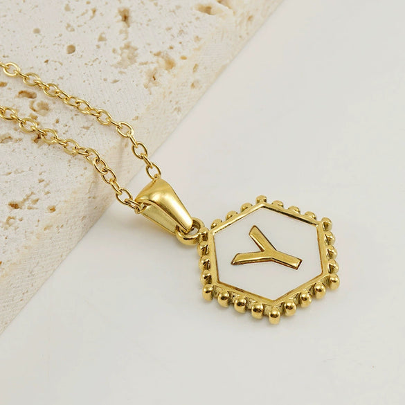 Necklace 316L Stainless Steel Hexagonal Natural Shell Letter Gold Inlaid Pendant For Women