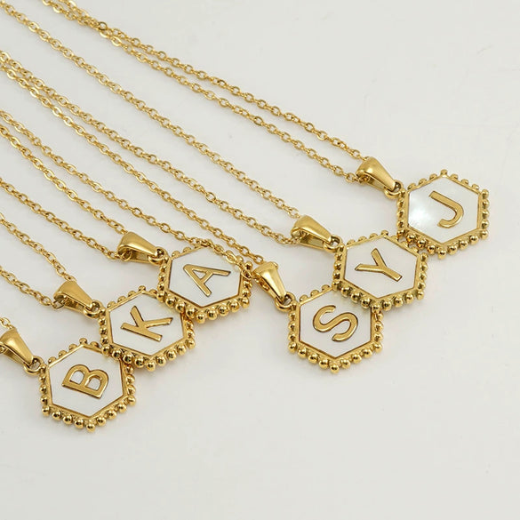 Necklace 316L Stainless Steel Hexagonal Natural Shell Letter Gold Inlaid Pendant For Women