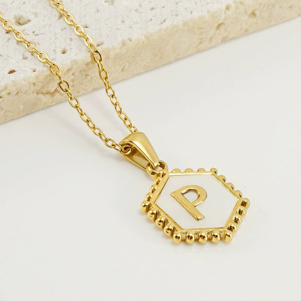 Necklace 316L Stainless Steel Hexagonal Natural Shell Letter Gold Inlaid Pendant For Women