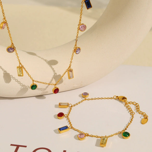 Necklace 316L Stainless Steel 18K Gold Plated Geometric Round Rectangular Zircon Fashion