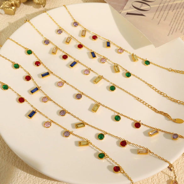 Necklace 316L Stainless Steel 18K Gold Plated Geometric Round Rectangular Zircon Fashion