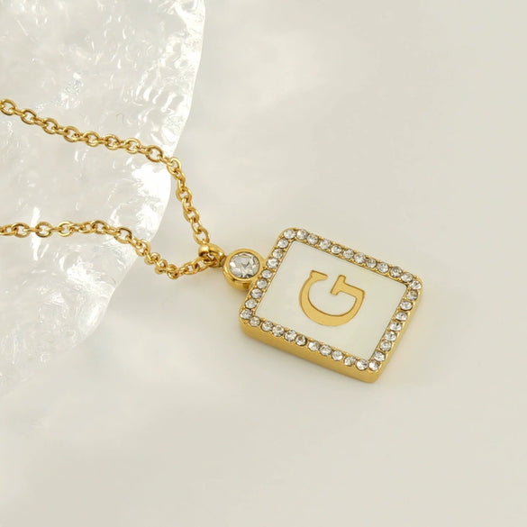 Necklace 316L Stainless Steel 18K Gold Plated Square Diamond English Letter Pendant For Women