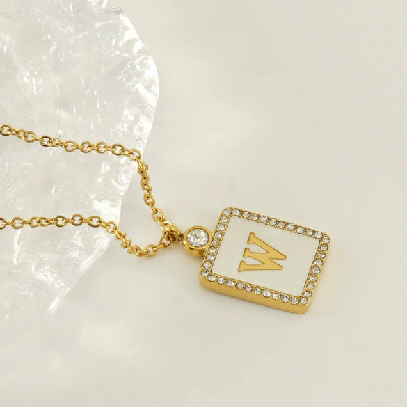 Necklace 316L Stainless Steel 18K Gold Plated Square Diamond English Letter Pendant For Women