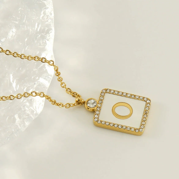 Necklace 316L Stainless Steel 18K Gold Plated Square Diamond English Letter Pendant For Women