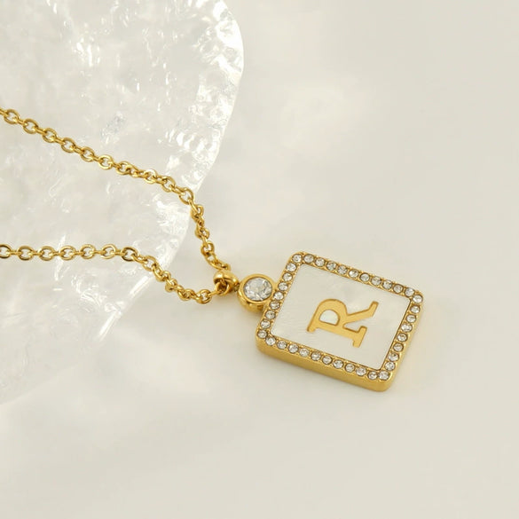 Necklace 316L Stainless Steel 18K Gold Plated Square Diamond English Letter Pendant For Women