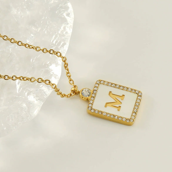 Necklace 316L Stainless Steel 18K Gold Plated Square Diamond English Letter Pendant For Women
