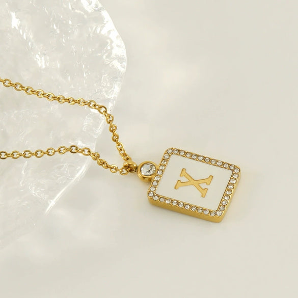 Necklace 316L Stainless Steel 18K Gold Plated Square Diamond English Letter Pendant For Women