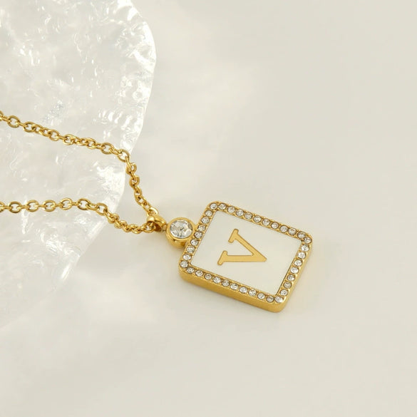 Necklace 316L Stainless Steel 18K Gold Plated Square Diamond English Letter Pendant For Women
