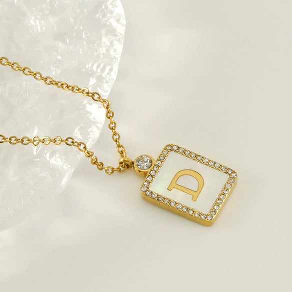 Necklace 316L Stainless Steel 18K Gold Plated Square Diamond English Letter Pendant For Women