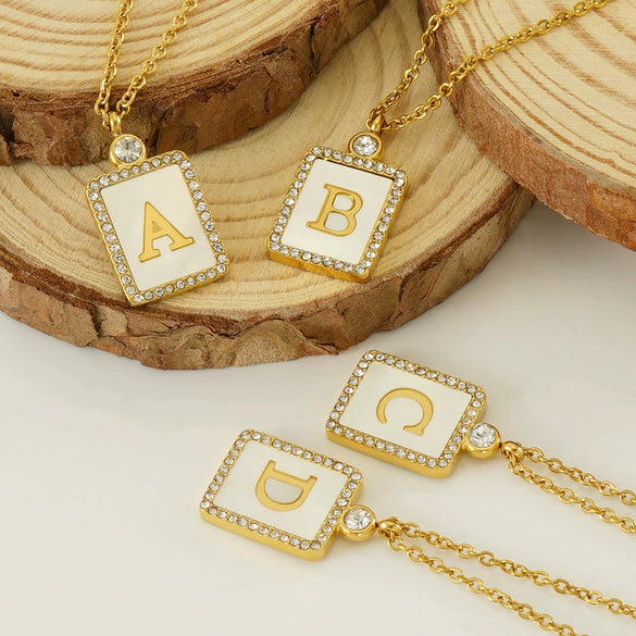 Necklace 316L Stainless Steel 18K Gold Plated Square Diamond English Letter Pendant For Women