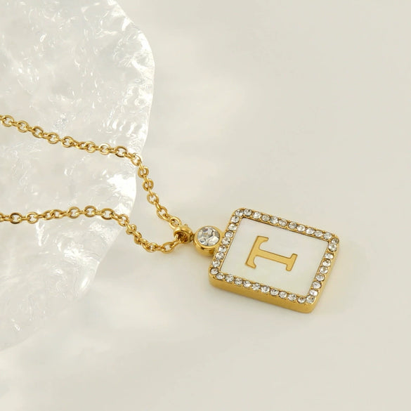 Necklace 316L Stainless Steel 18K Gold Plated Square Diamond English Letter Pendant For Women