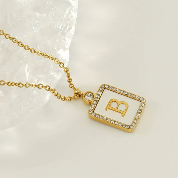 Necklace 316L Stainless Steel 18K Gold Plated Square Diamond English Letter Pendant For Women
