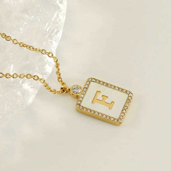 Necklace 316L Stainless Steel 18K Gold Plated Square Diamond English Letter Pendant For Women