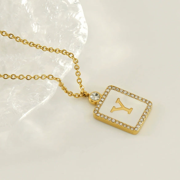 Necklace 316L Stainless Steel 18K Gold Plated Square Diamond English Letter Pendant For Women