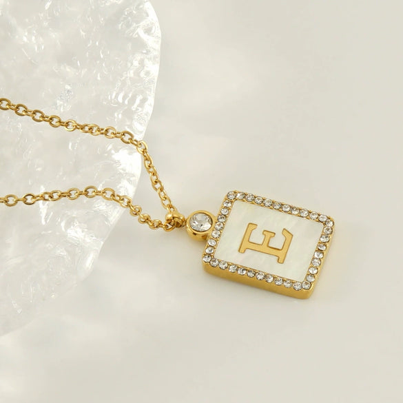 Necklace 316L Stainless Steel 18K Gold Plated Square Diamond English Letter Pendant For Women