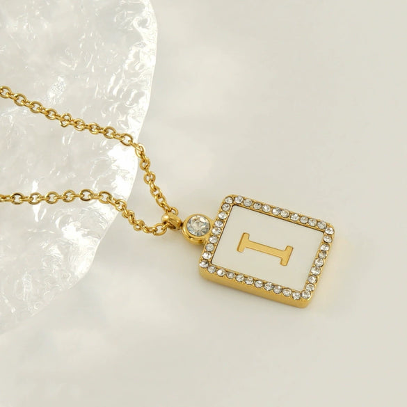 Necklace 316L Stainless Steel 18K Gold Plated Square Diamond English Letter Pendant For Women