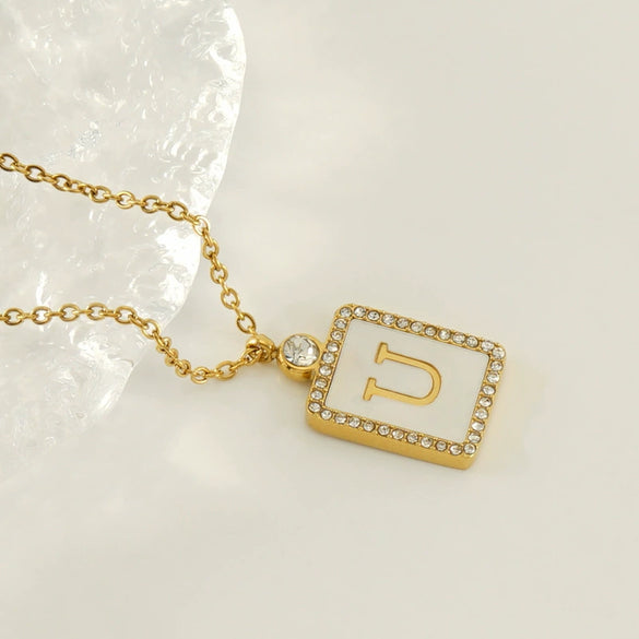 Necklace 316L Stainless Steel 18K Gold Plated Square Diamond English Letter Pendant For Women